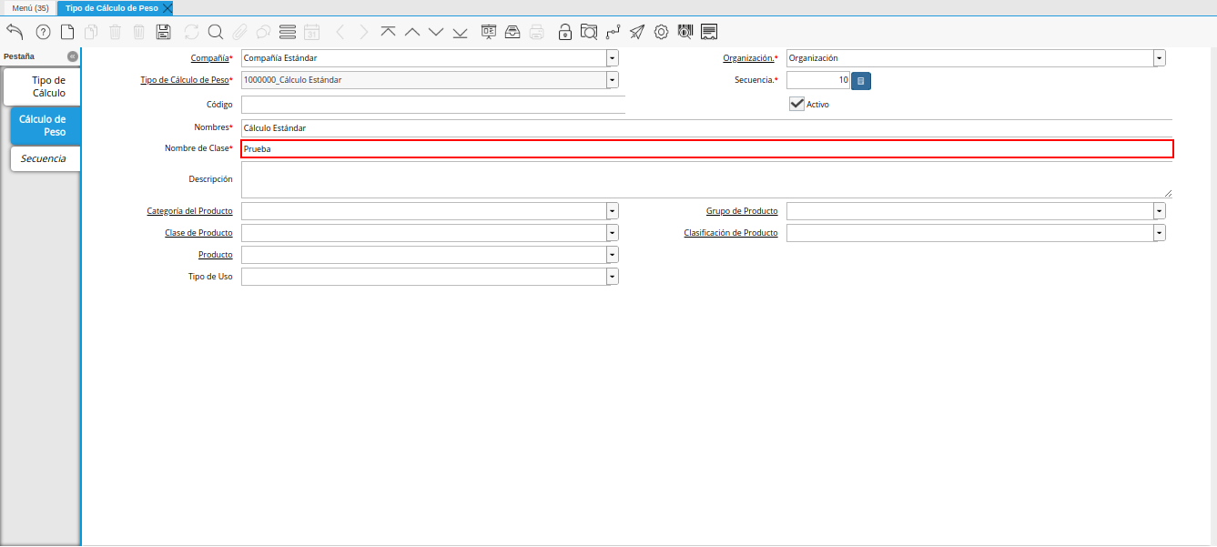 campo nombre de clase de la pestaña cálculo de peso de la ventana tipo de cálculo de peso