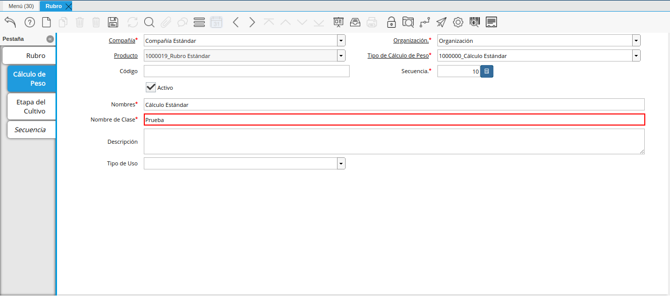 campo nombre de clase de la pestaña cálculo de peso