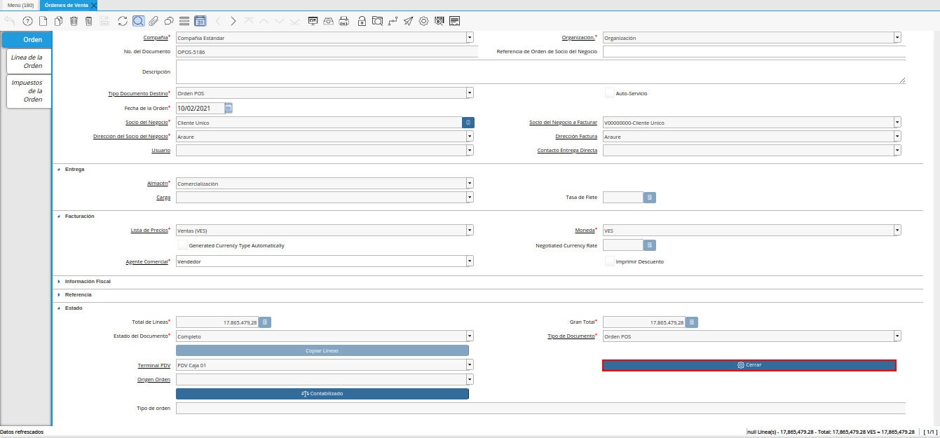 opción cerrar de la ventana órdenes de venta