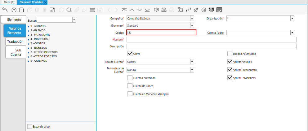 Campo Código de la Pestaña Valor de Elemento de la Ventana Elemento Contable