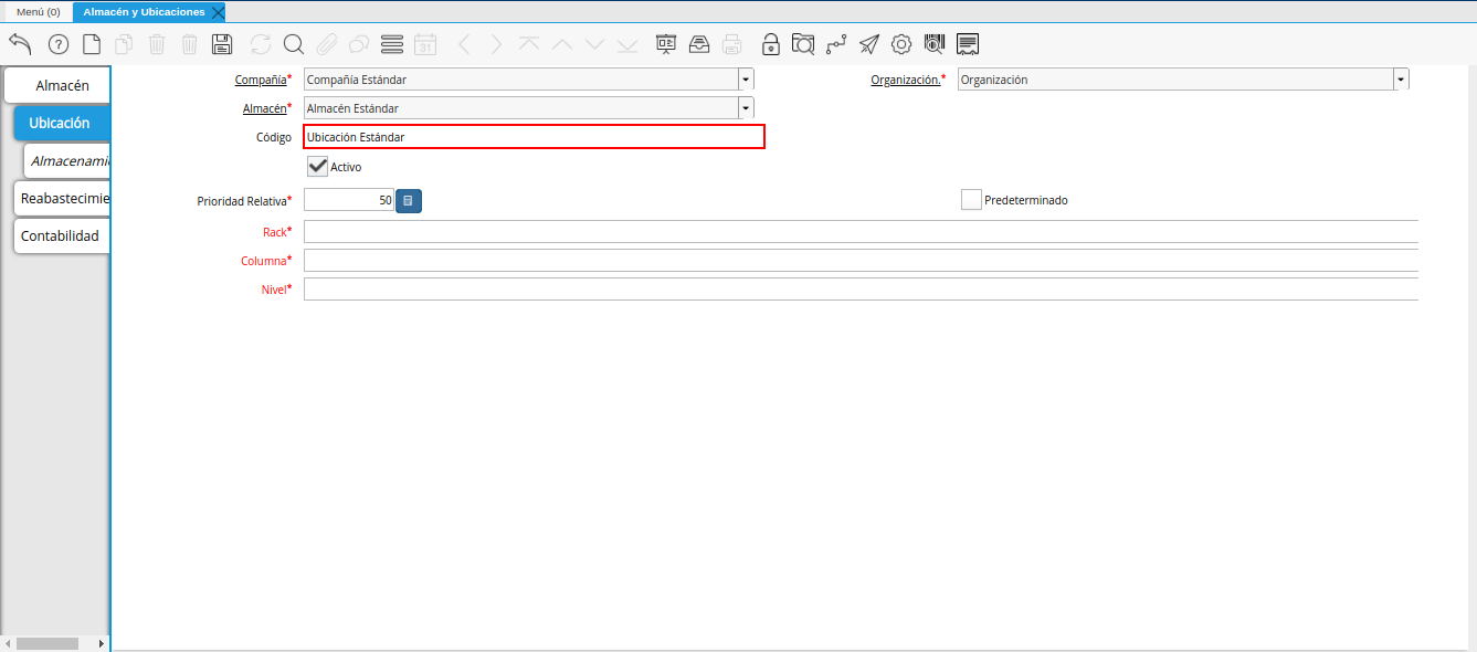 campo código de la pestaña ubicación de la ventana almacén y ubicaciones