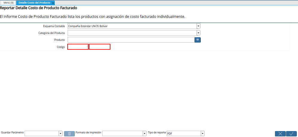 Campo Código de la Ventana Detalle Costo del Producto