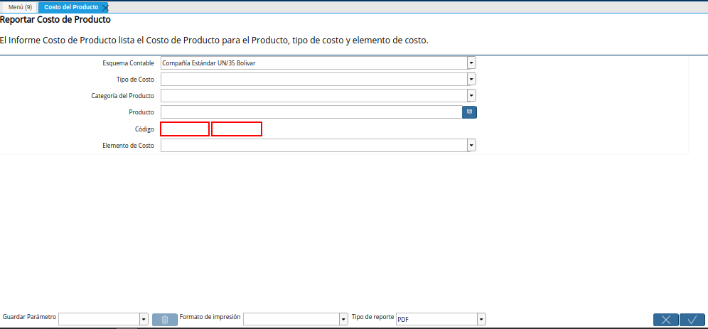 Campo Código de la Ventana del Reporte Costo del Producto