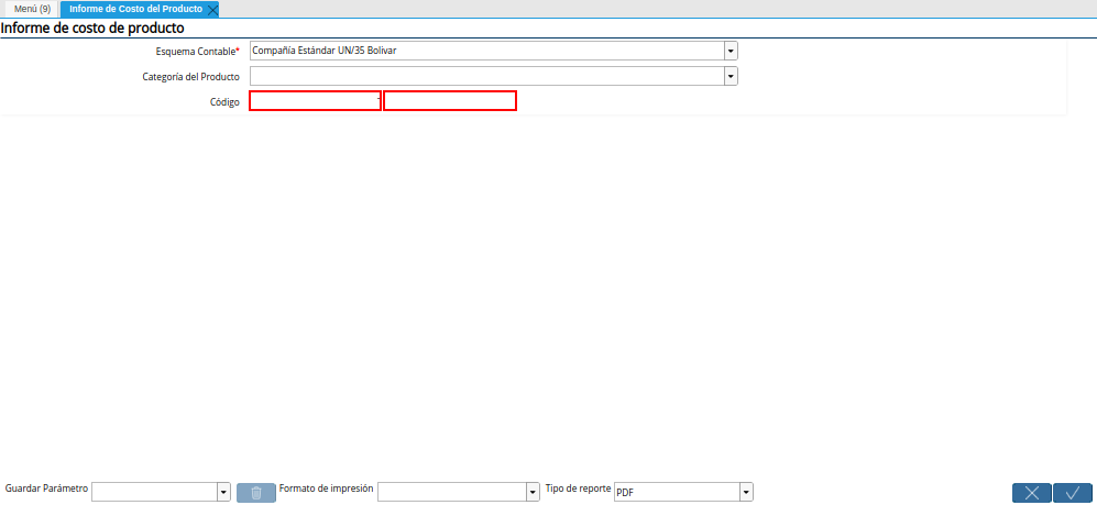 Campo Código de la Ventana del Reporte para Generar el Informe de Costo del Producto
