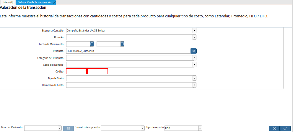 Campo Código de la Ventana Valoración de la Transacción