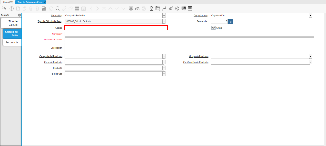 campo código de la pestaña cálculo de peso de la ventana tipo de cálculo de peso