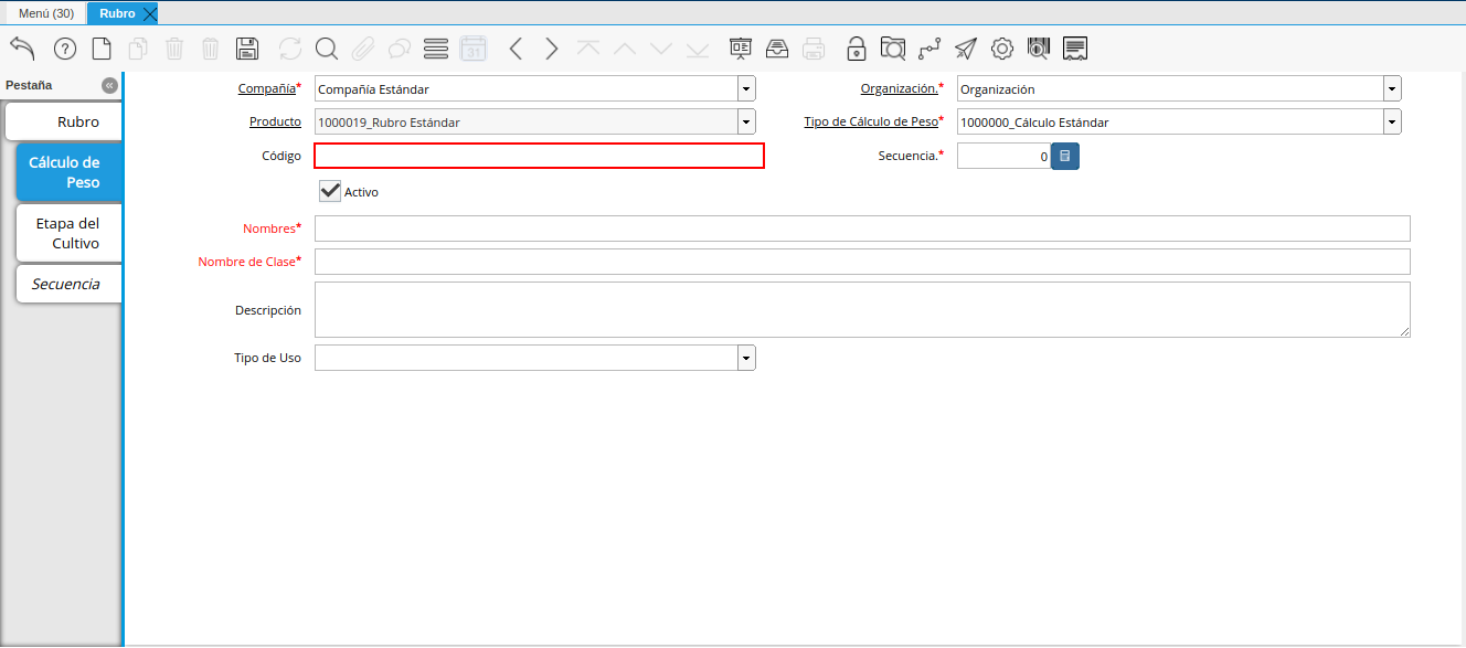 campo código de la pestaña cálculo de peso