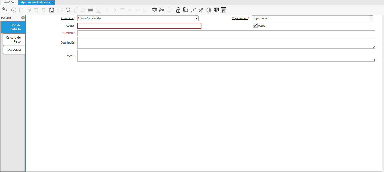 campo código de la ventana tipo de cálculo de peso