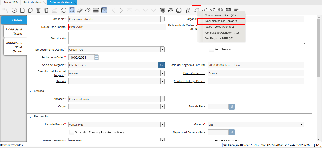 Documento de Cobro Generado en la Ventana Documentos por Cobrar