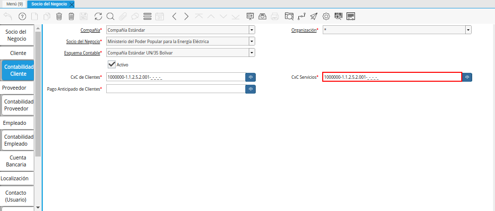 Combinación Contable del Campo CxC Servicios