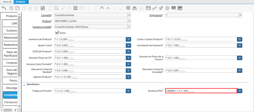 Combinación Contable del Campo Existencia Piso