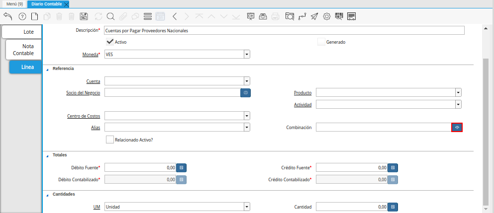 Campo Combinación de la Pestaña Línea de la Ventana Diario Contable