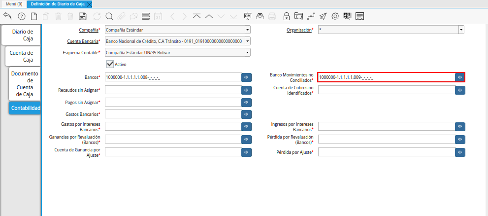 Combinación Contable del Campo Banco Movimientos no Conciliados de la Pestaña Contabilidad de la Ventana Definición de Diario de Caja