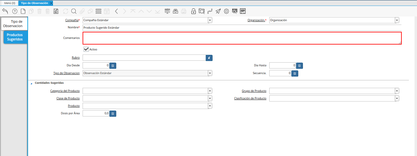 campo comentario de la pestaña productos sugeridos de la ventana tipo de observación