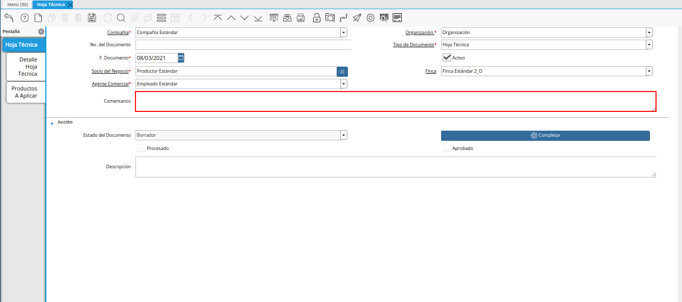 campo comentarios de la ventana hoja técnica