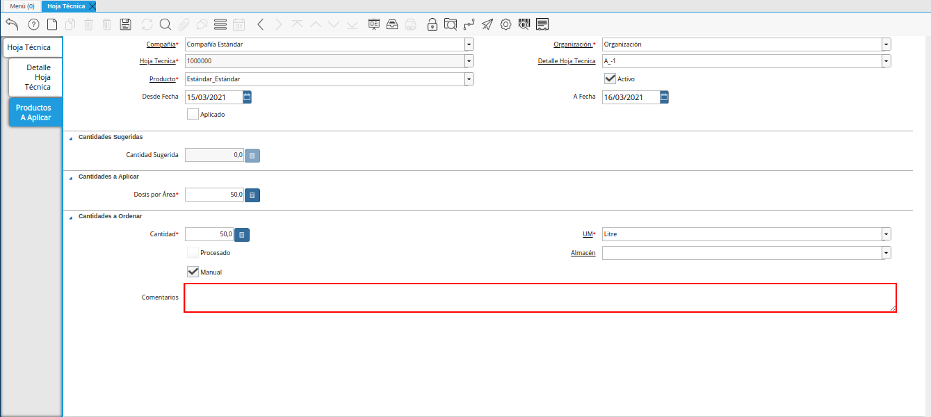 campo comentarios de la pestaña productos a aplicar de la ventana hoja técnica