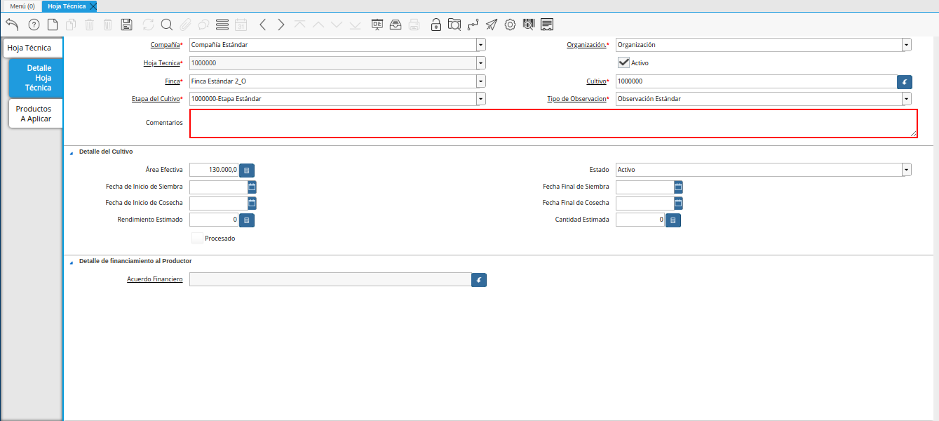 campo comentarios de la pestaña detalle de hoja técnica de la ventana hoja técnica