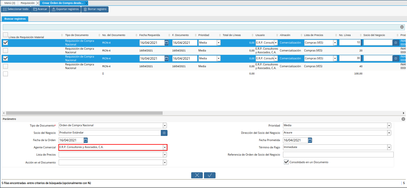 campo agente comercial para la orden de compra