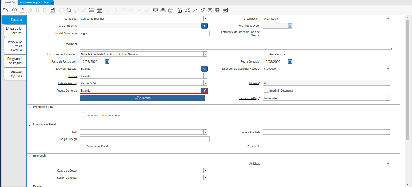 Campo Agente Comercial de la Nota de Crédito de CxC