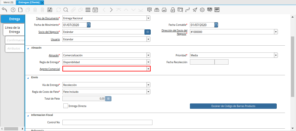 Campo Agente Comercial de la Ventana Entregas Cliente