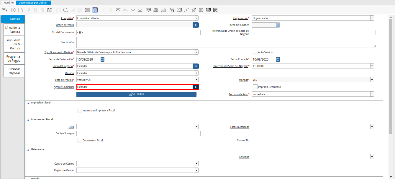 Campo Agente Comercial de la Nota de Débito de CxC