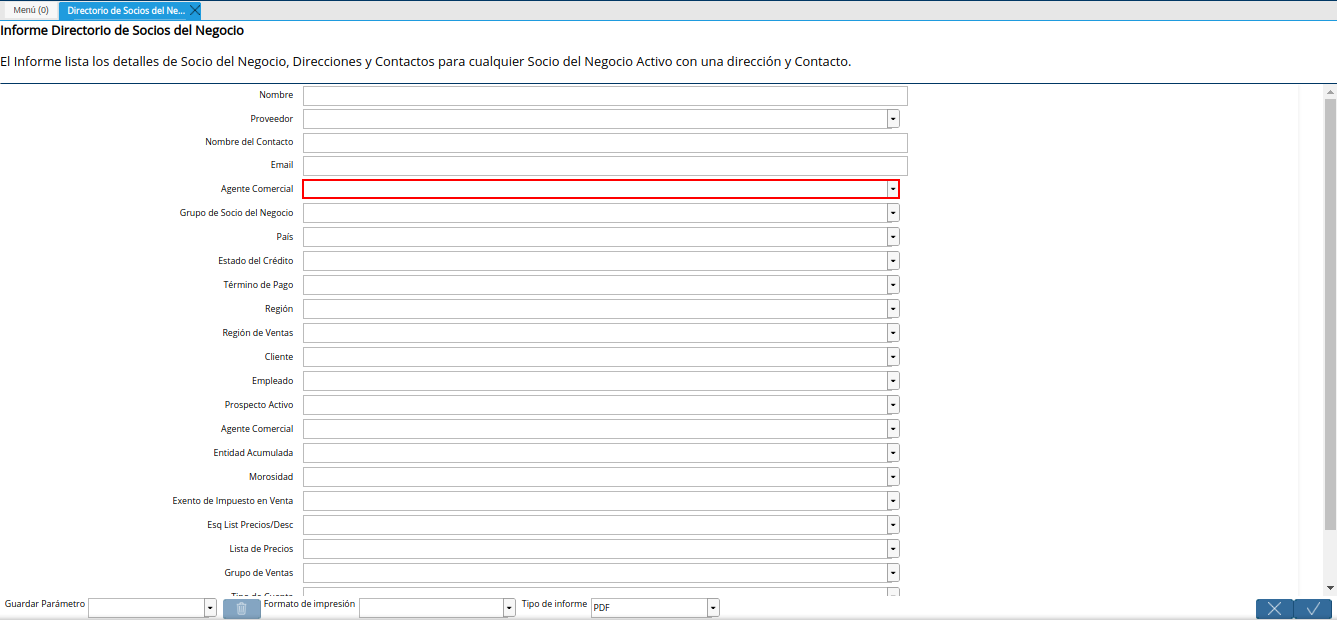 campo agente comercial del reporte directorio de socios del negocio