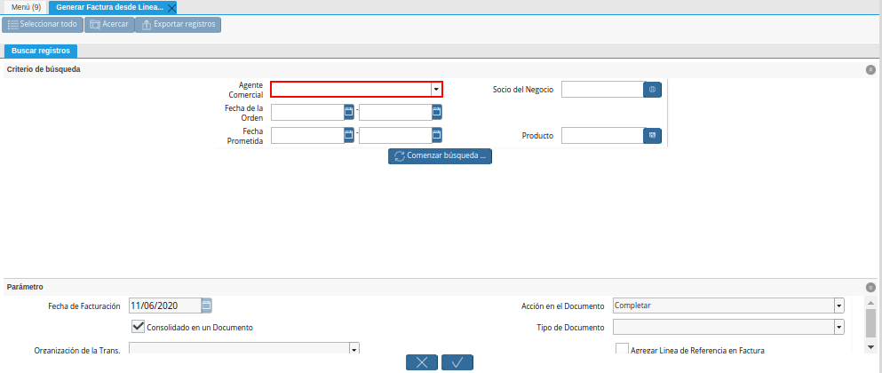 Campo Agente Comercial de la Ventana Generar Factura desde Líneas de la Orden