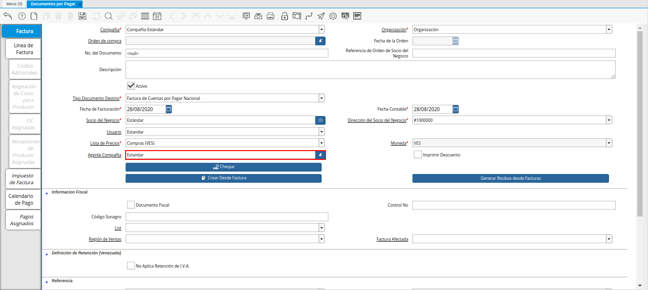 Campo Agente Compañía de la Ventana Documentos por Pagar desde Orden de Compra