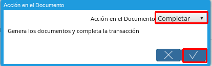 Selección de la acción Completar y opción OK