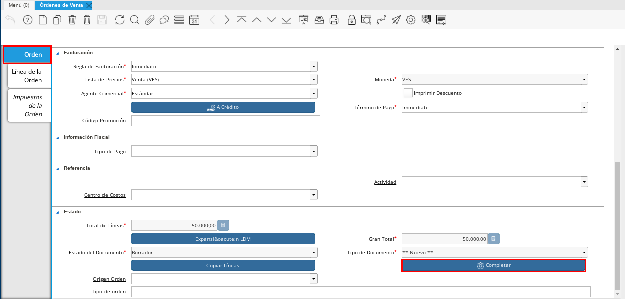 Pestaña Principal Orden y Opción OK