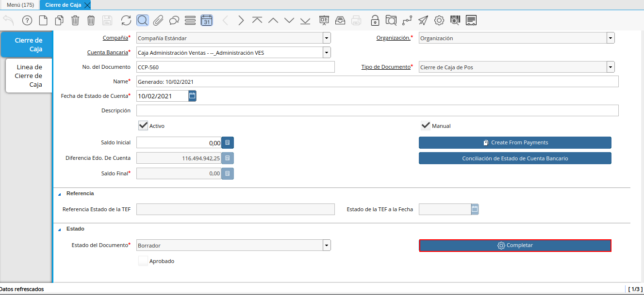Opción Completar del Cierre de Caja Administrativa