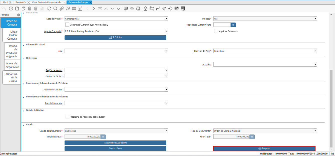 opción completar de la ventana órdenes de compra