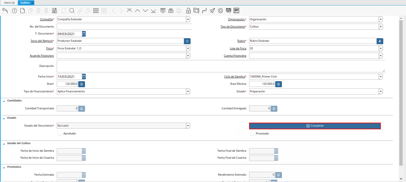 opción completar de la ventana cultivo