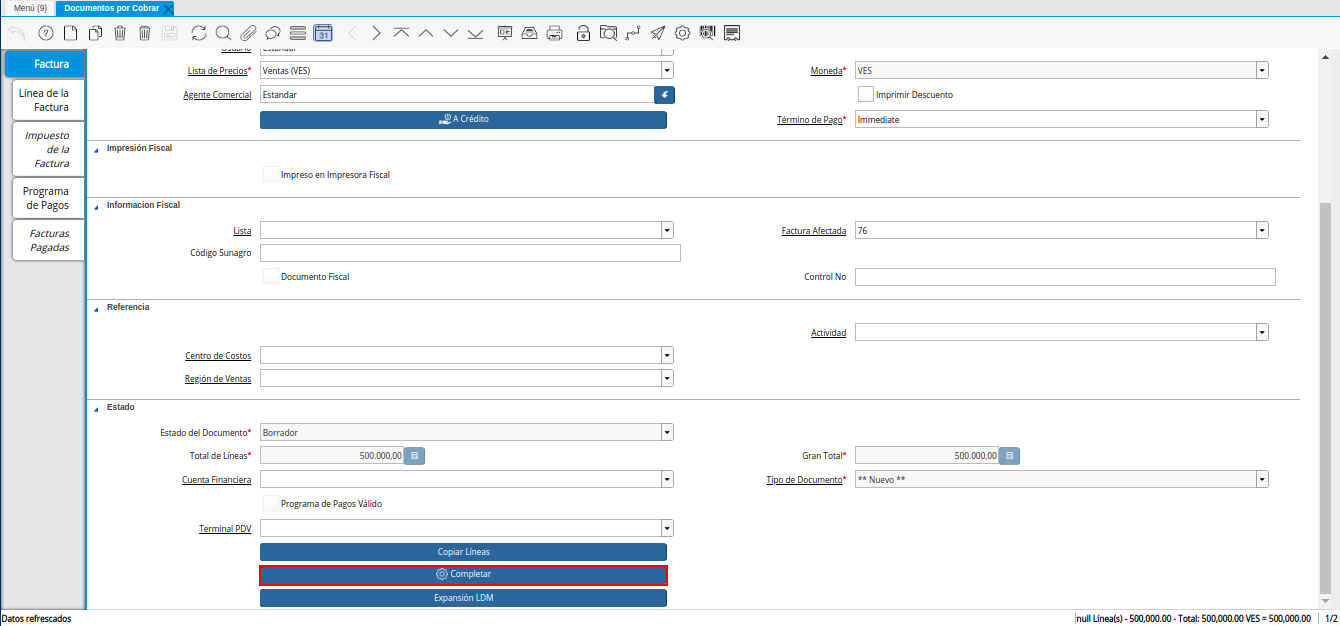 Opción Completar de la Nota de Crédito de CxC