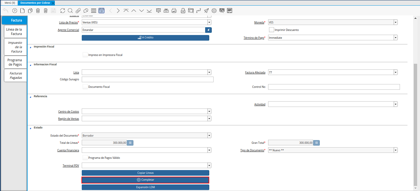 Opción Completar de la Nota de Débito de CxC