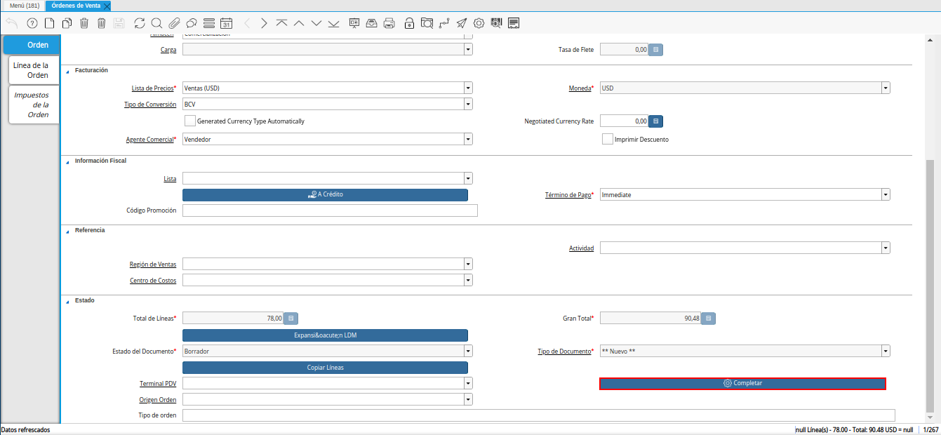 opción completar de la ventana órdenes de venta
