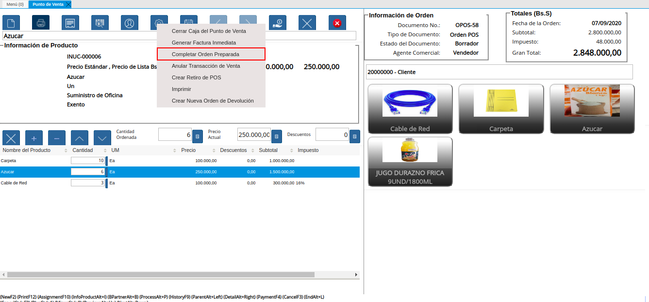 Opción Completar Orden Preparada