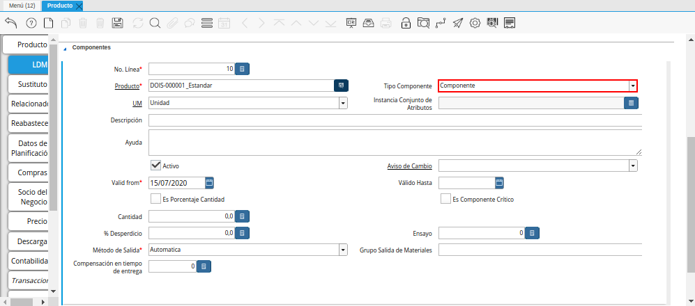 Campo Tipo Componente de la Pestaña ldm del Producto Estándar para Producción