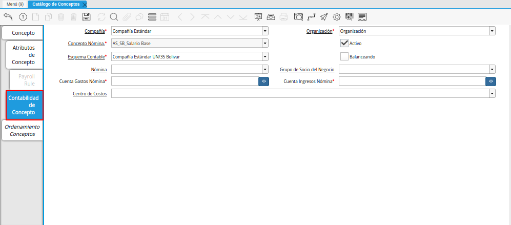 Pestaña Contabilidad de Concepto de la Ventana Catálogo de Concepto