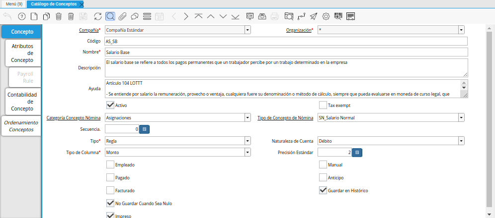 Ventana Catálogo de Concepto