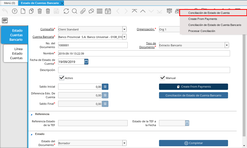 Opción Conciliación de Estado de Cuenta del Icono Proceso