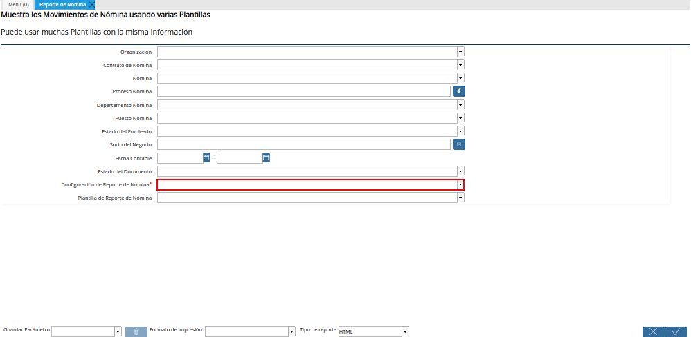 Campo Configuración del Reporte de Nómina