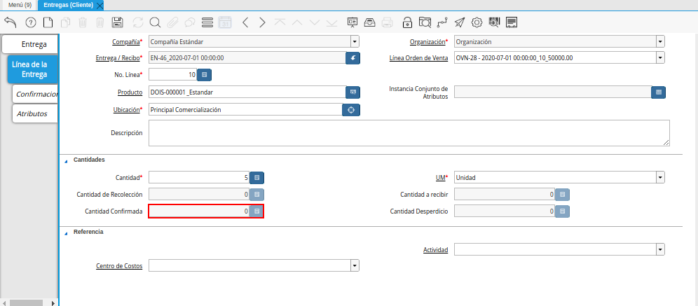 Campo Cantidad Confirmada de la Pestaña Línea de la Entrega de la Ventana Entregas Cliente