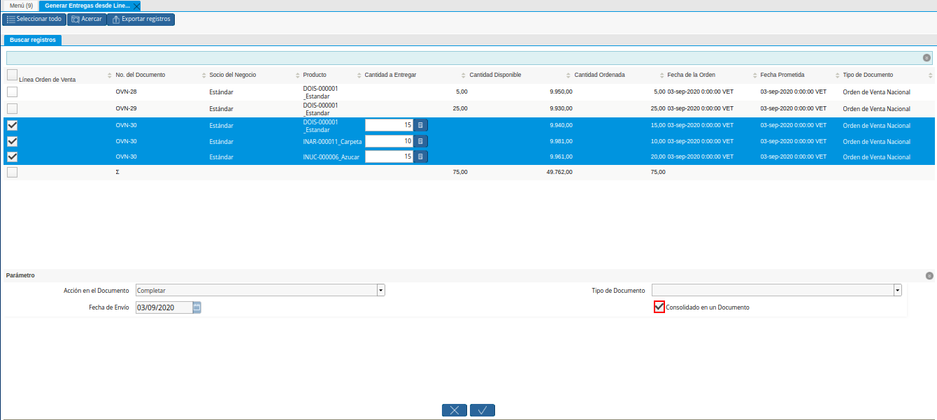 Checklist Consolidado en un Documento de la Ventana Generar Entrega desde Líneas de la Orden