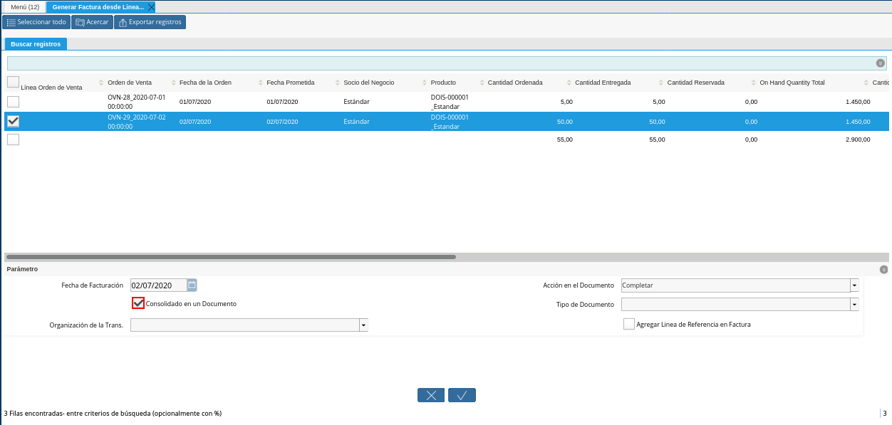 Checklist Consolidado en un Documento de la Ventana Generar Factura desde Líneas de la Orden