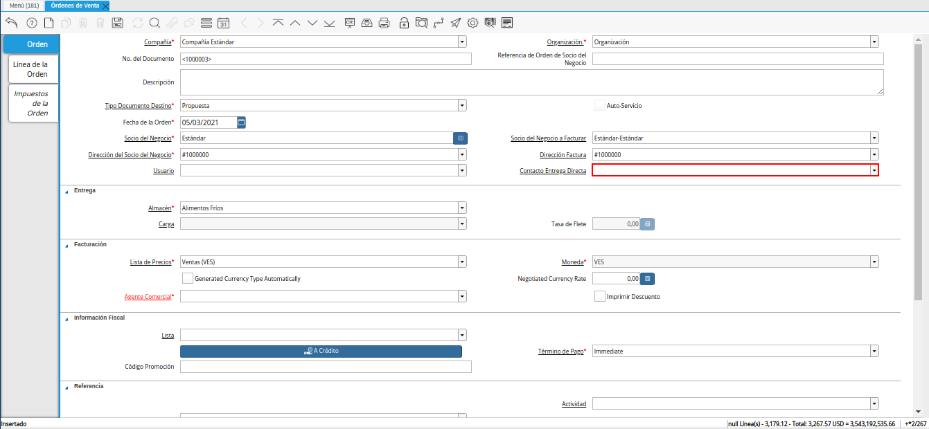 campo contacto entrega directa de la ventana órdenes de venta