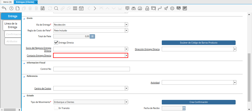 Campo Contacto Entrega Directa de la Ventana Entregas Cliente