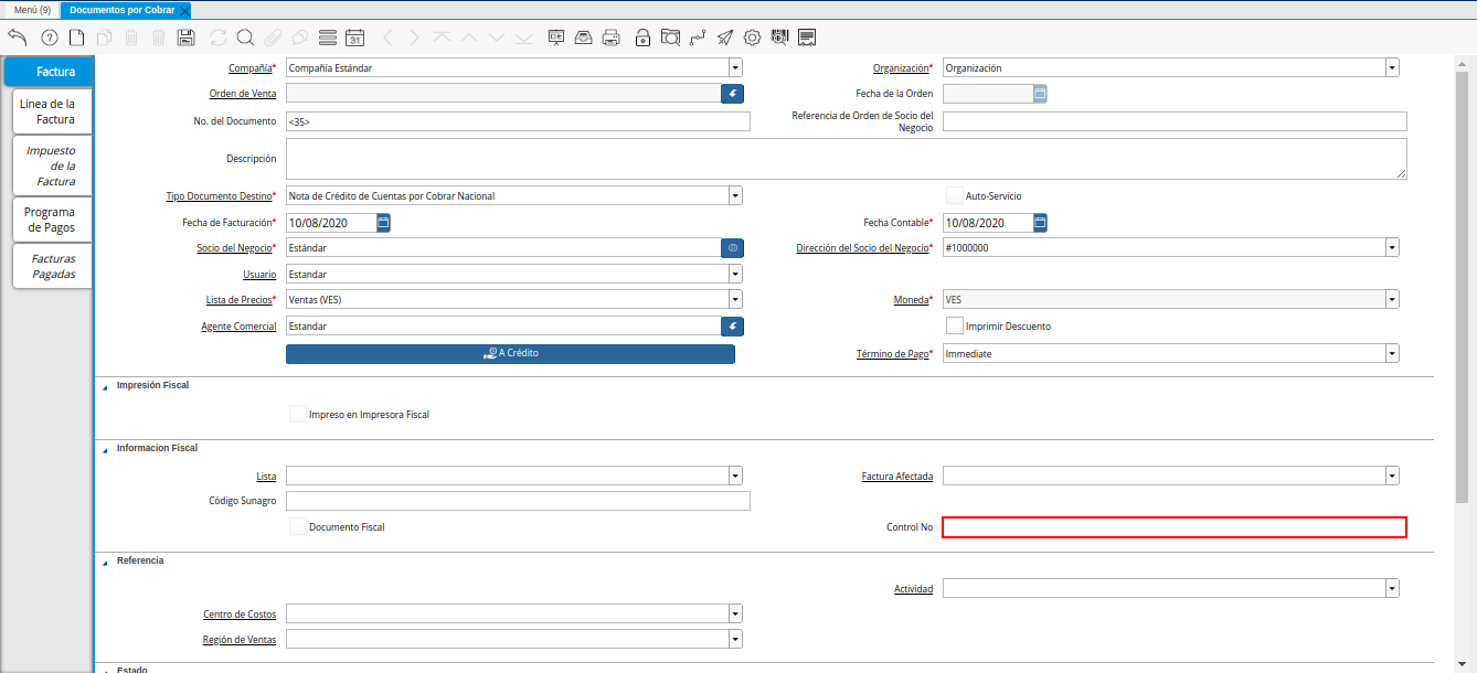 Campo Control Nro de la Nota de Crédito de CxC