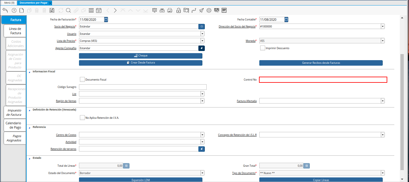Campo Control Nro de la Nota de Crédito de CxP