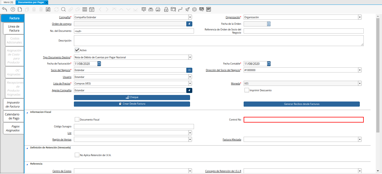 Campo Control Nro de la Nota de Débito de CxP